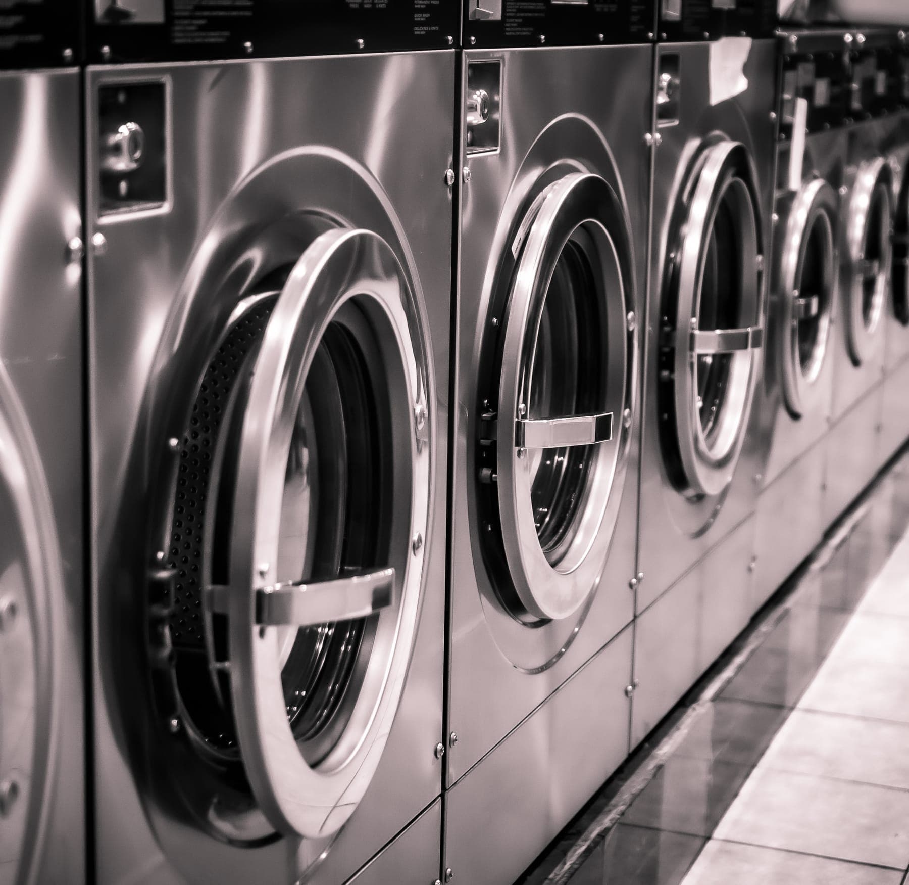 A gleaming row of commercial front-load washers
